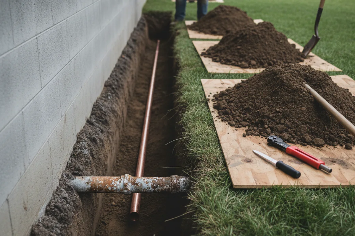 Excavated water line trench during Sewer Line Repair in Kosciusko